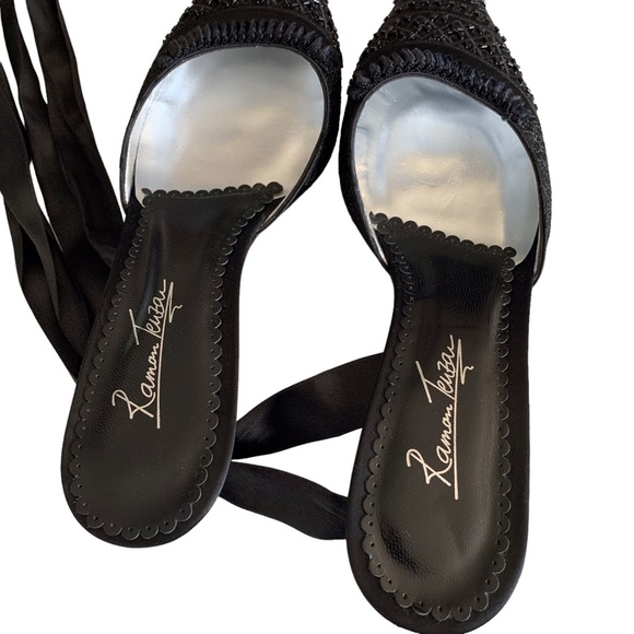 RAMON TENZA BLACK SATIN POINTY TOE KITTEN HEEL SHOE WITH ANKLE RIBBON - Picture 9 of 15